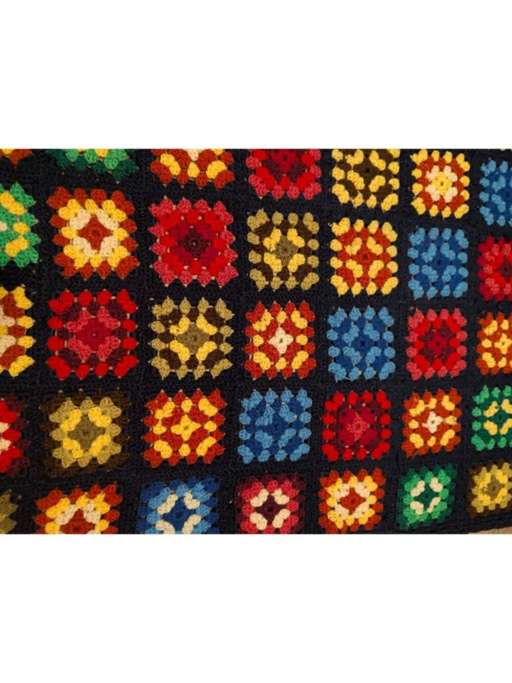 1970's Handmade Granny Square Crochet Throw With Vibrant Multicolor Squares And